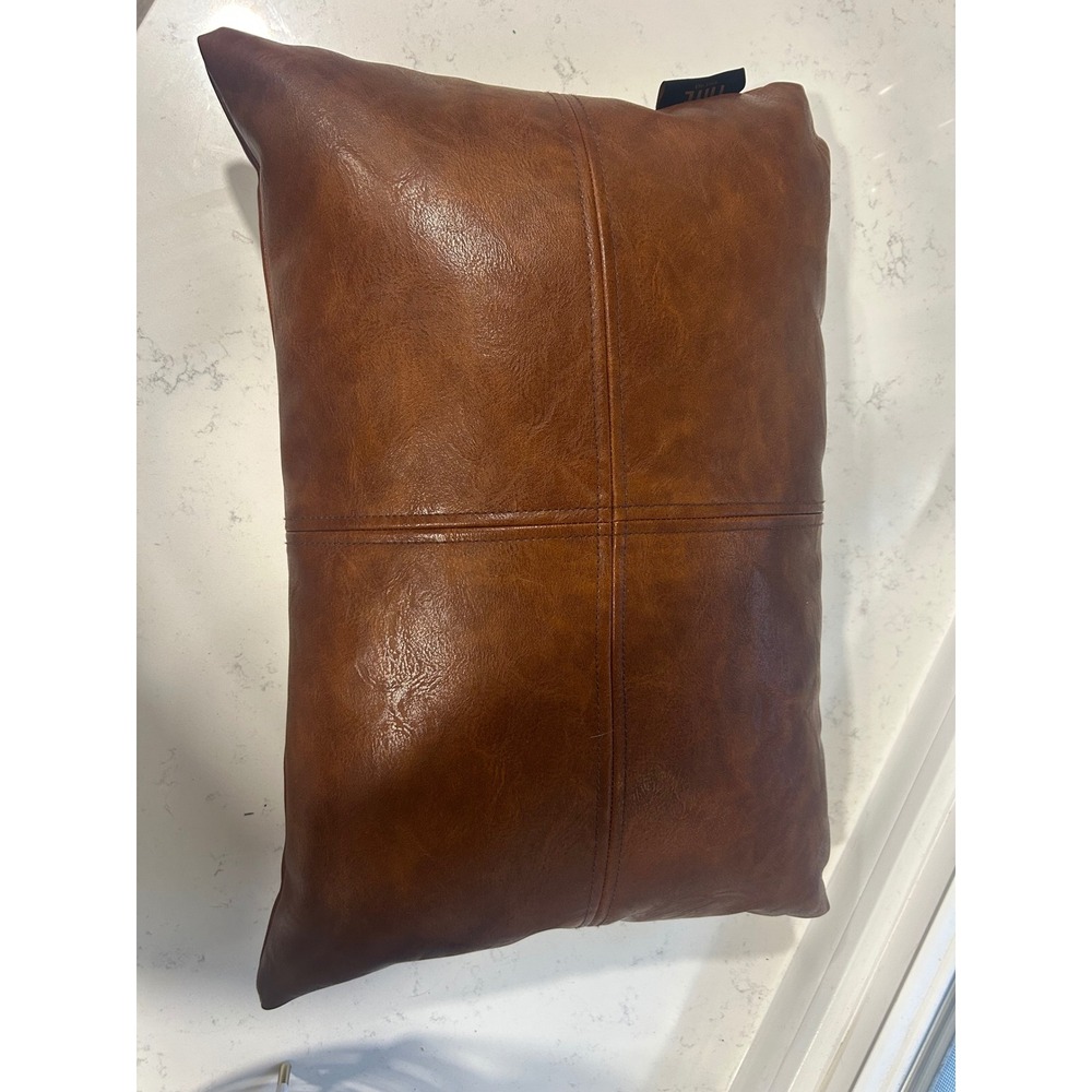 Frye Cognac Brown Faux Leather Decorative Throw Pillow Stitched Accent